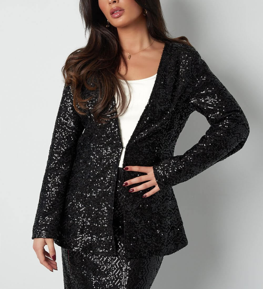 Yasemia eleganter schwarzer Glitzerblazer Damen – stilvoller Party- und Abendlook
