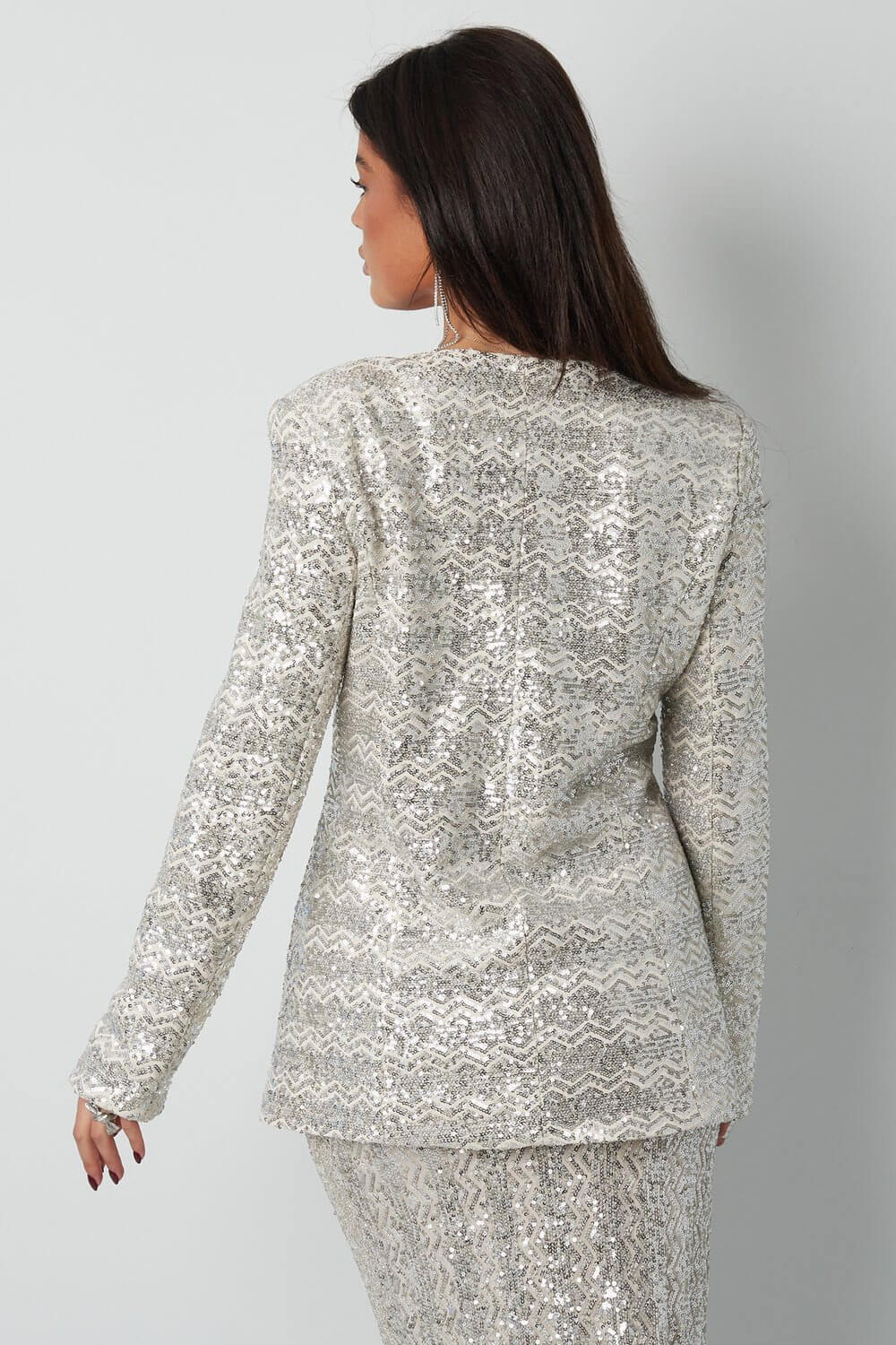 Yasemia Glitzerblazer Damen Silber eleganter Blazer für Abend und Party