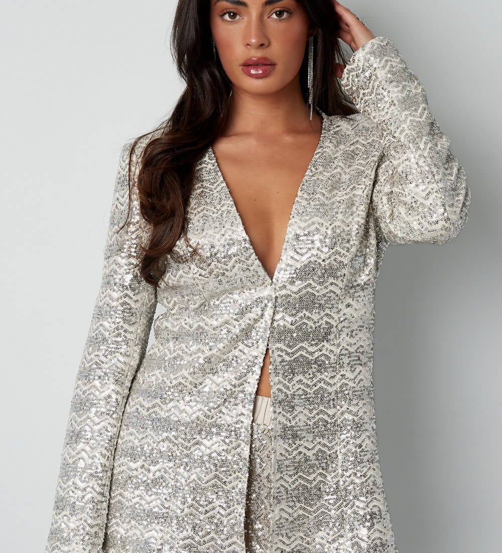 Yasemia Glitzerblazer Damen Silber eleganter Blazer für Abend und Party