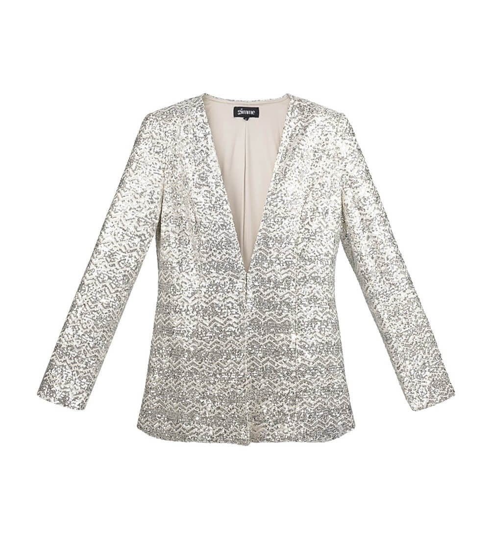 Yasemia Glitzerblazer Damen Silber eleganter Blazer für Abend und Party