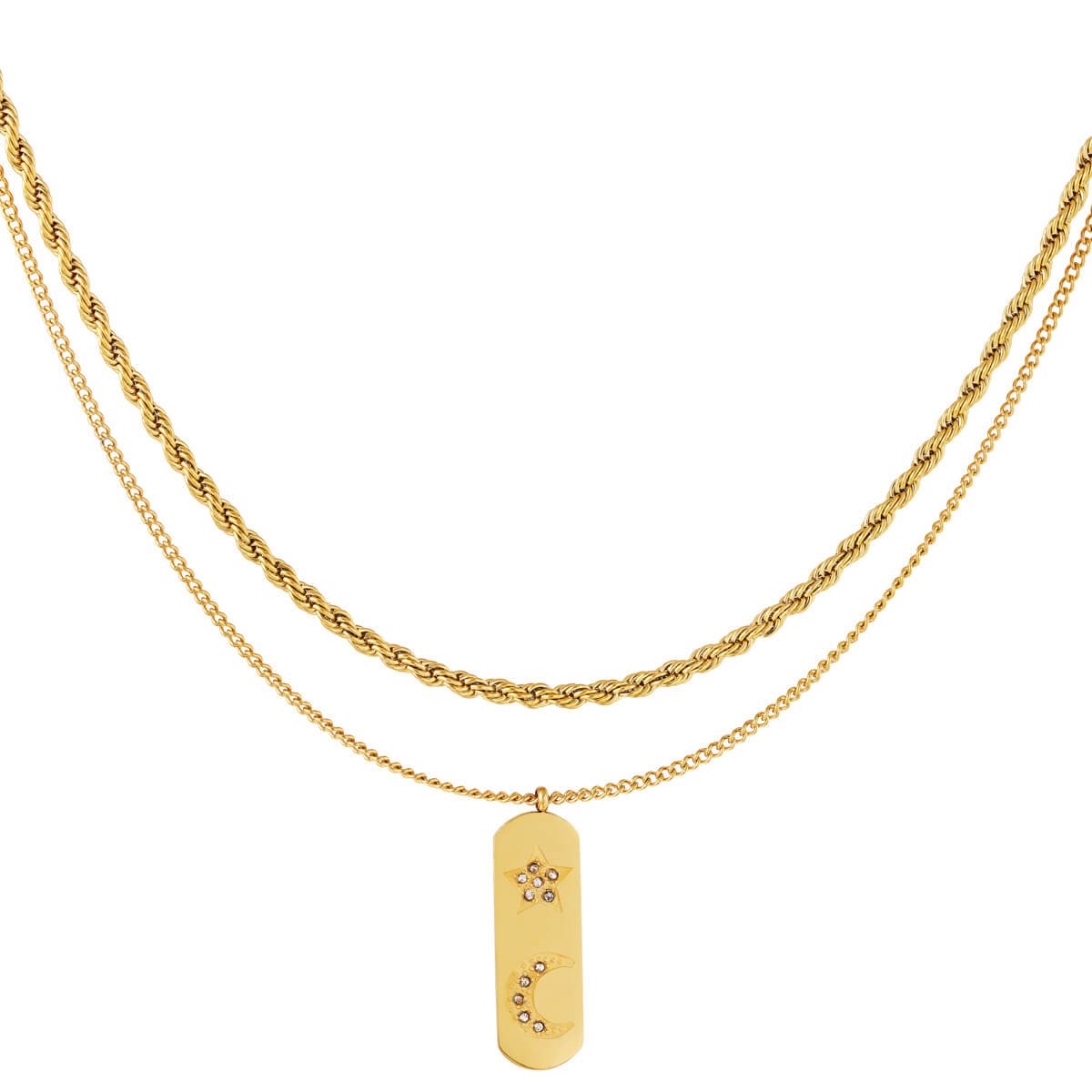Doppelkette mit Mond - Stern - Anhänger aus 18K vergoldetem Edelstahl und Zirkonen l Yasèmia Jewellery Yasèmia